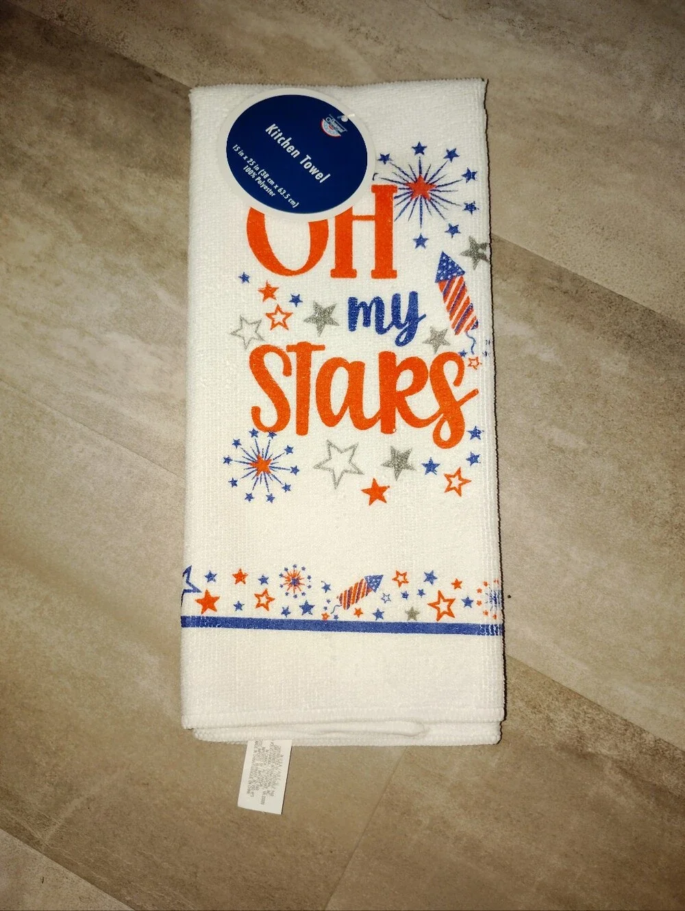 Oh My Stars Patriotic Kitchen Towel Red White Blue Fireworks 15x25 New